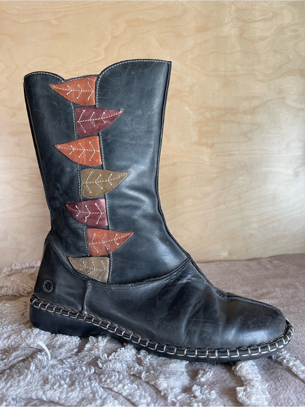 Josef Seibel Black Leather Ankle Boot with Multicolor Leaf Accents EU39